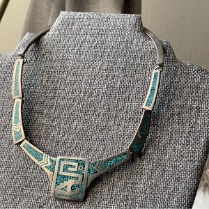 Vtg | TAXCO MEXICO 925 Sterling Silver Crushed Turquoise  Inlay Choker Necklace